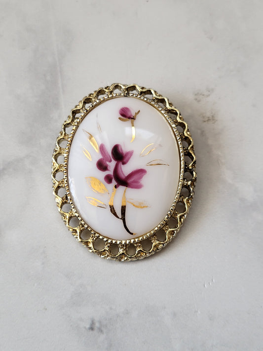 Vintage Porcelain Floral Brooch with Gold Tone Openwork Frame