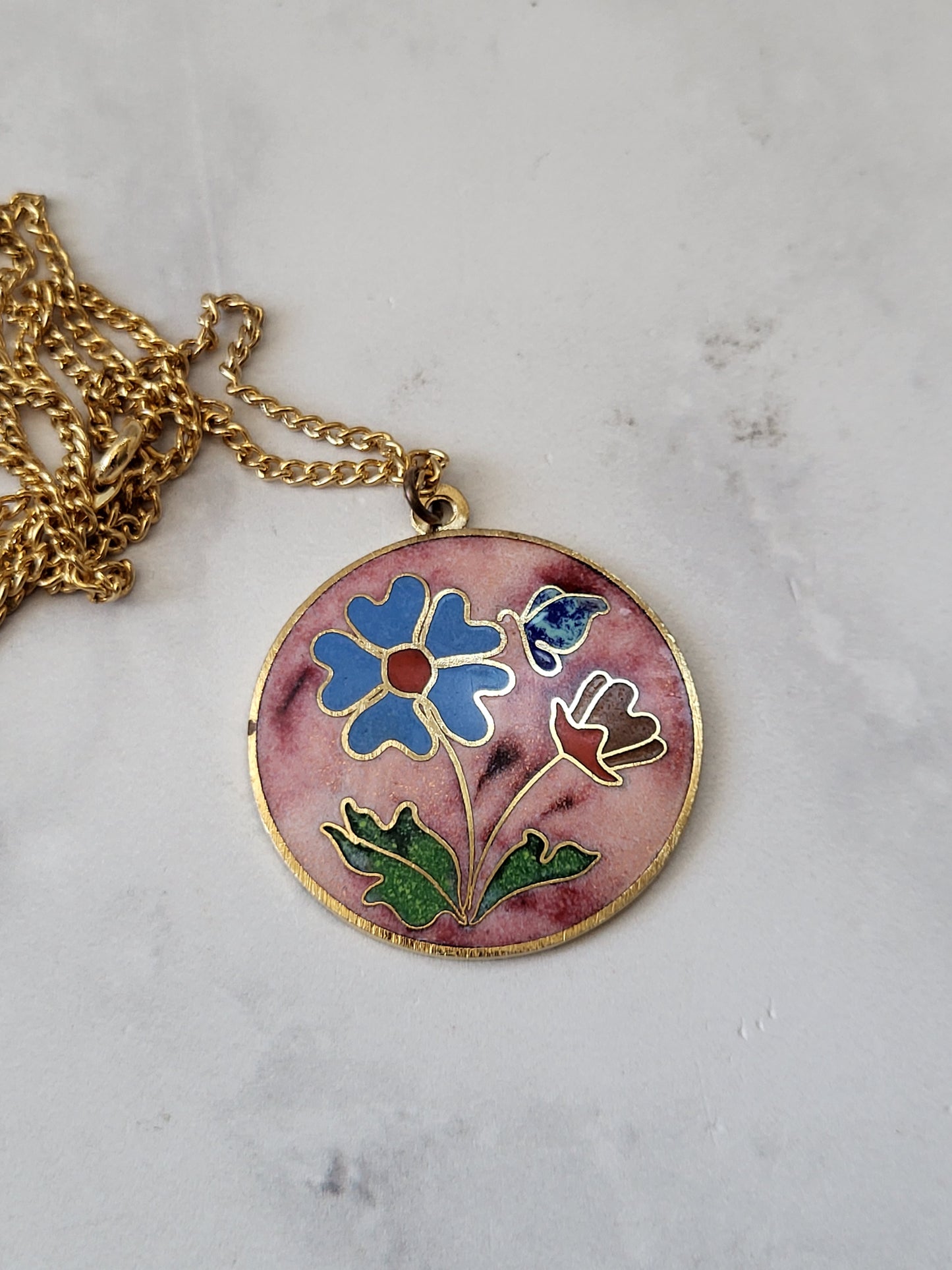 Vintage Cloisonne Floral Pendant Necklace with 24" Chain