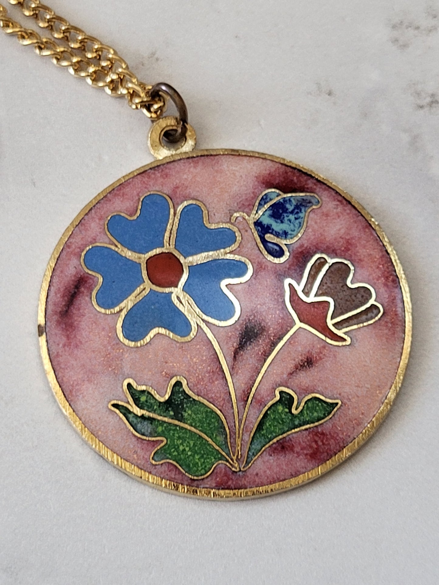 Vintage Cloisonne Floral Pendant Necklace with 24" Chain