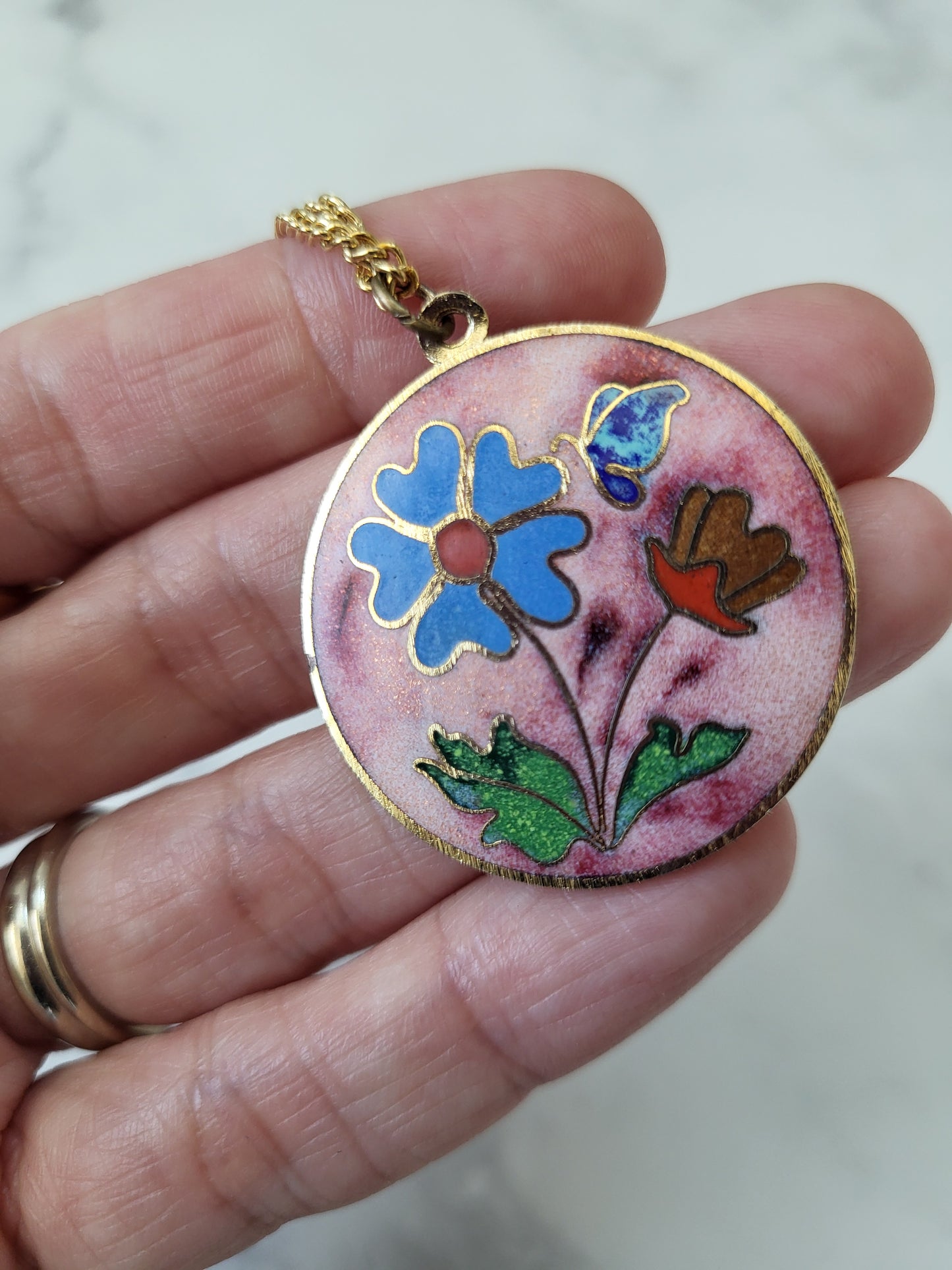 Vintage Cloisonne Floral Pendant Necklace with 24" Chain