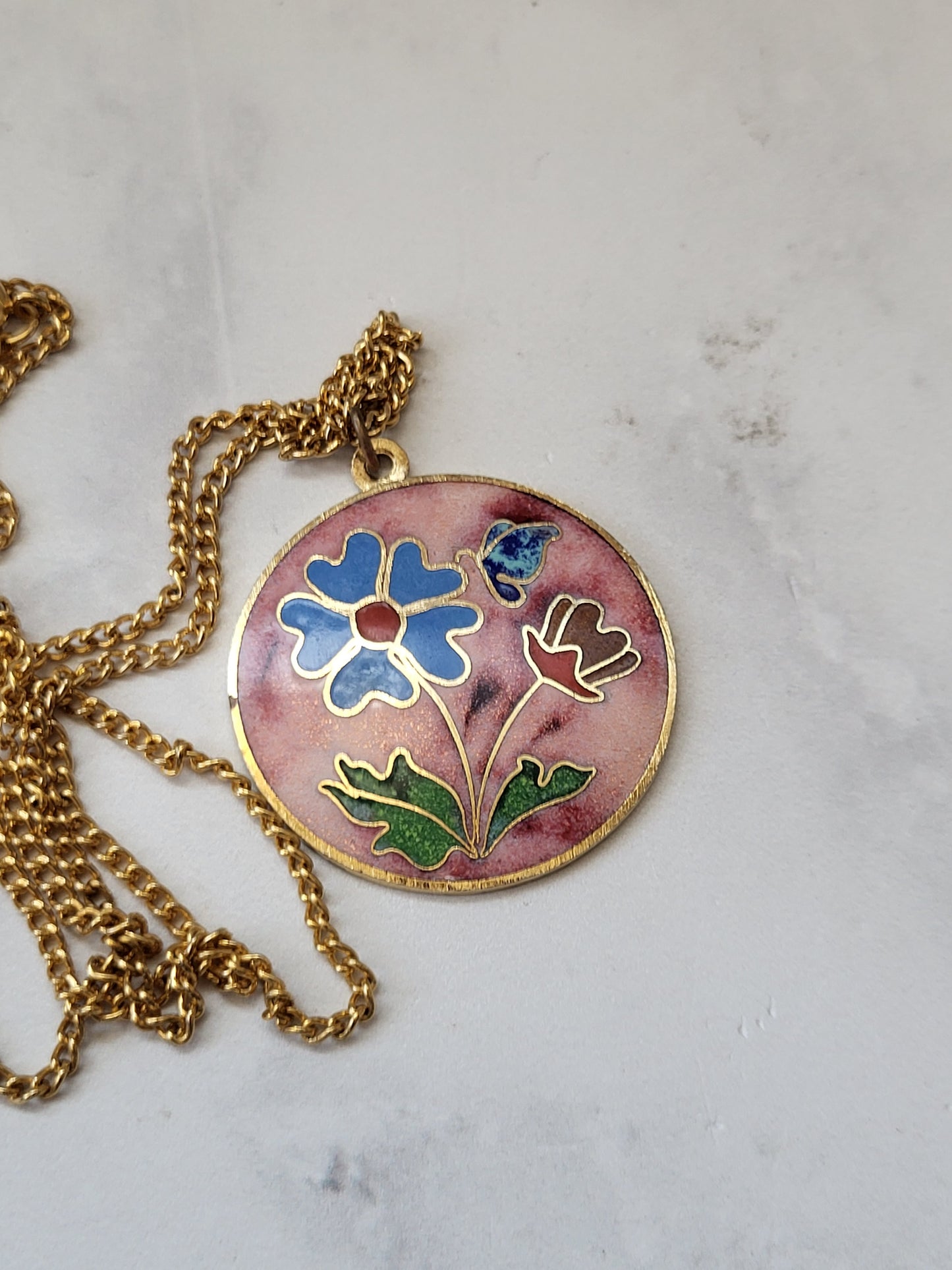 Vintage Cloisonne Floral Pendant Necklace with 24" Chain