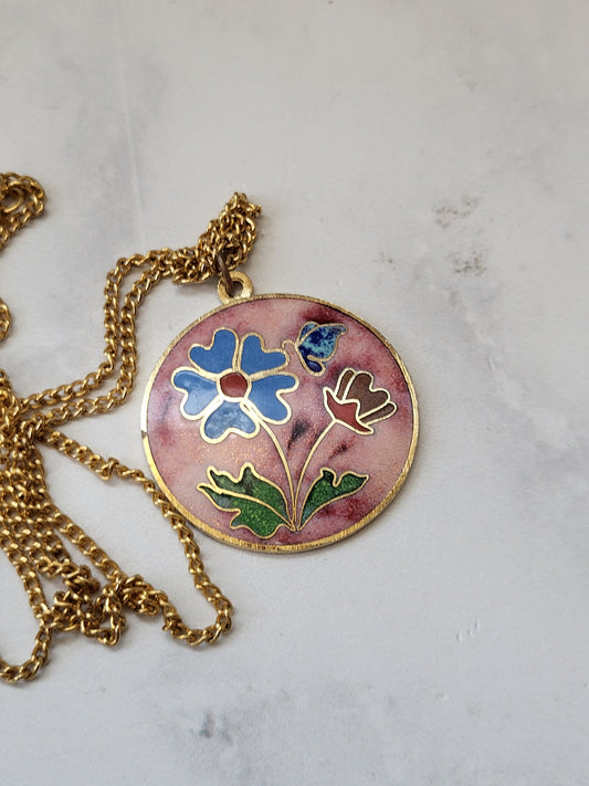Vintage Cloisonne Floral Pendant Necklace with 24" Chain