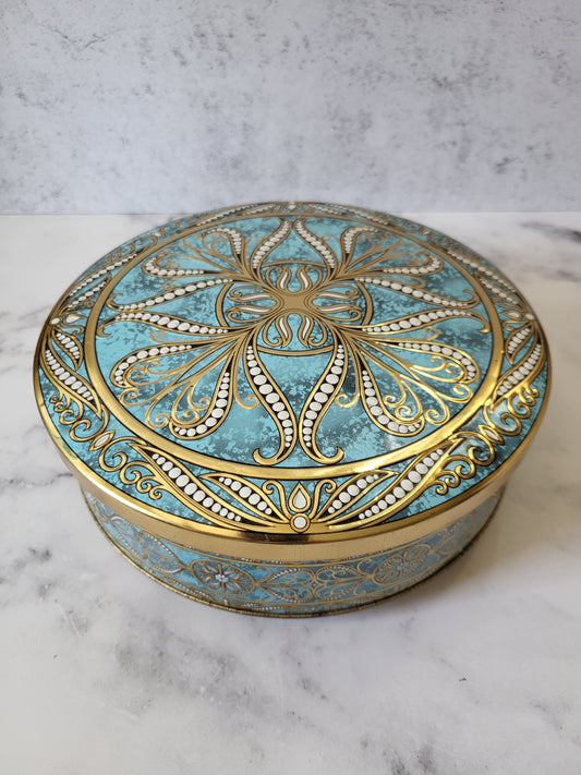Vintage Turquoise and Gold Round Decorative Tin
