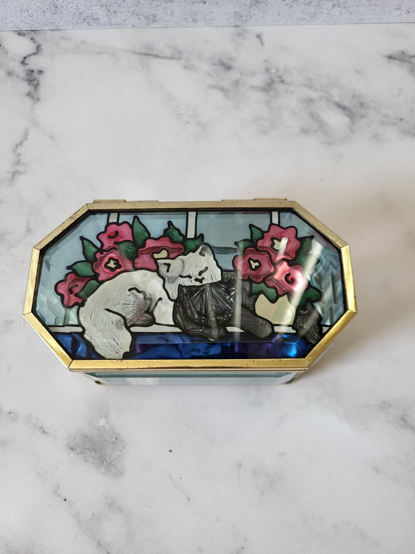 Vintage Cat Glass Trinket Box