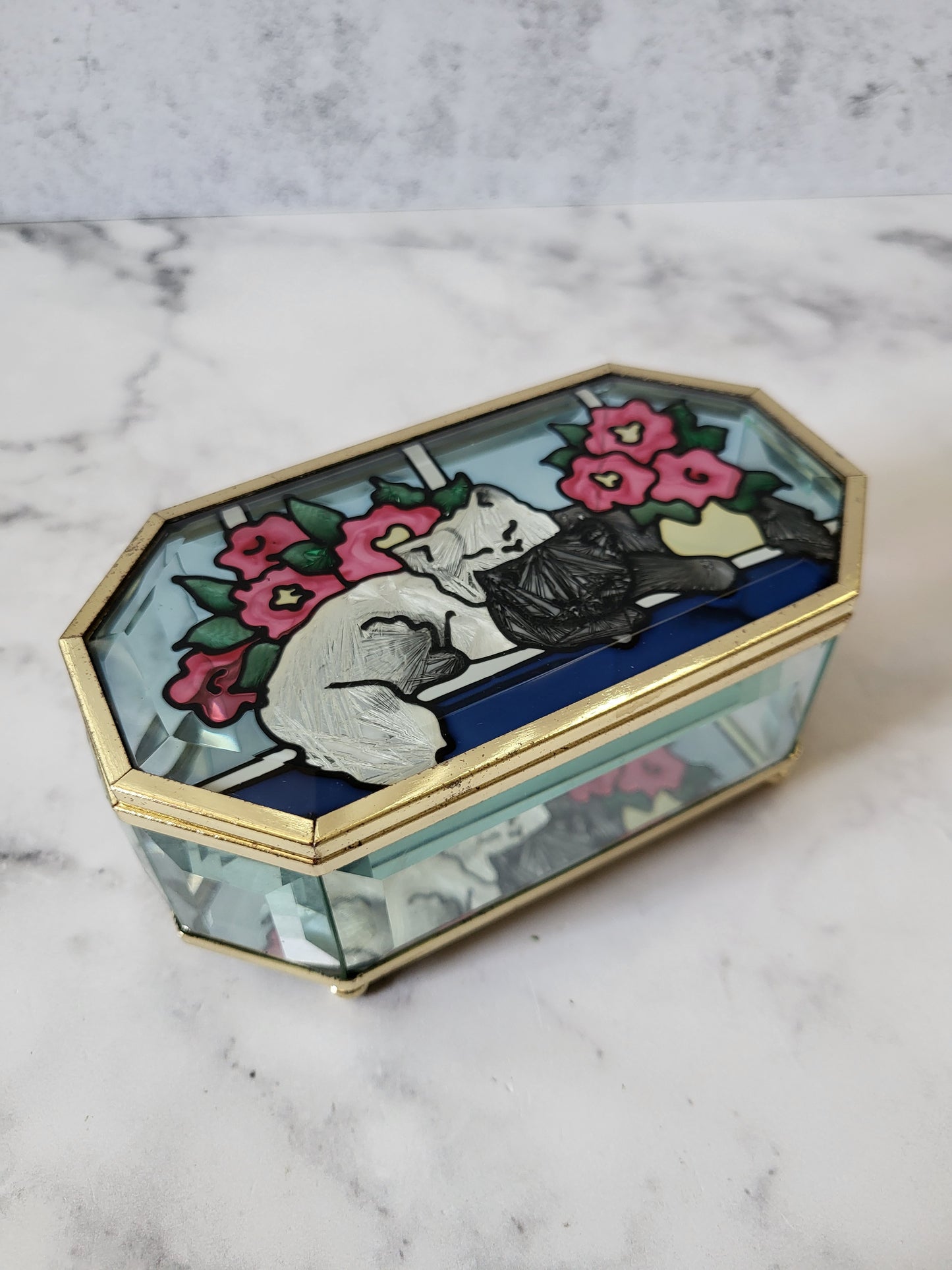 Vintage Cat Glass Trinket Box