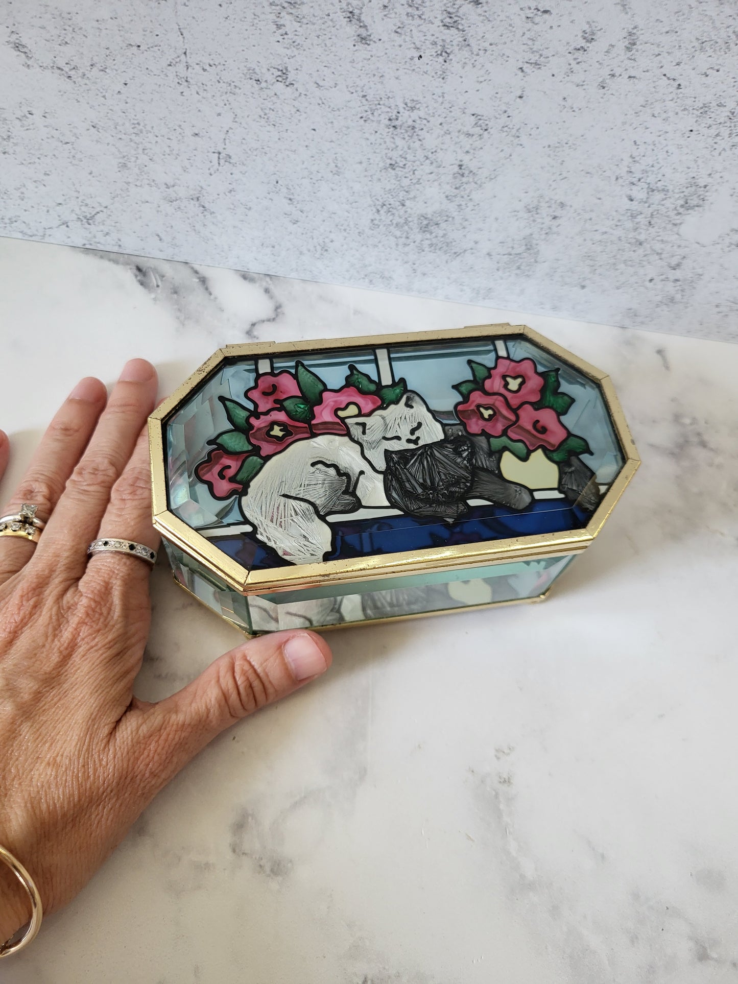 Vintage Cat Glass Trinket Box