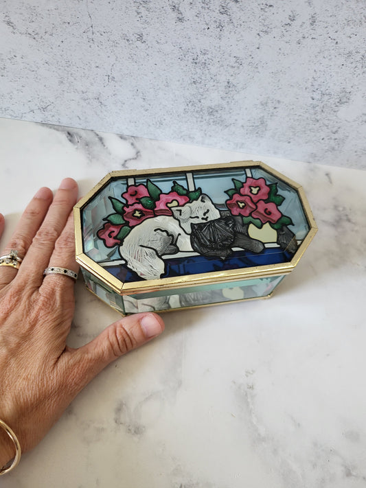 Vintage Cat Glass Trinket Box