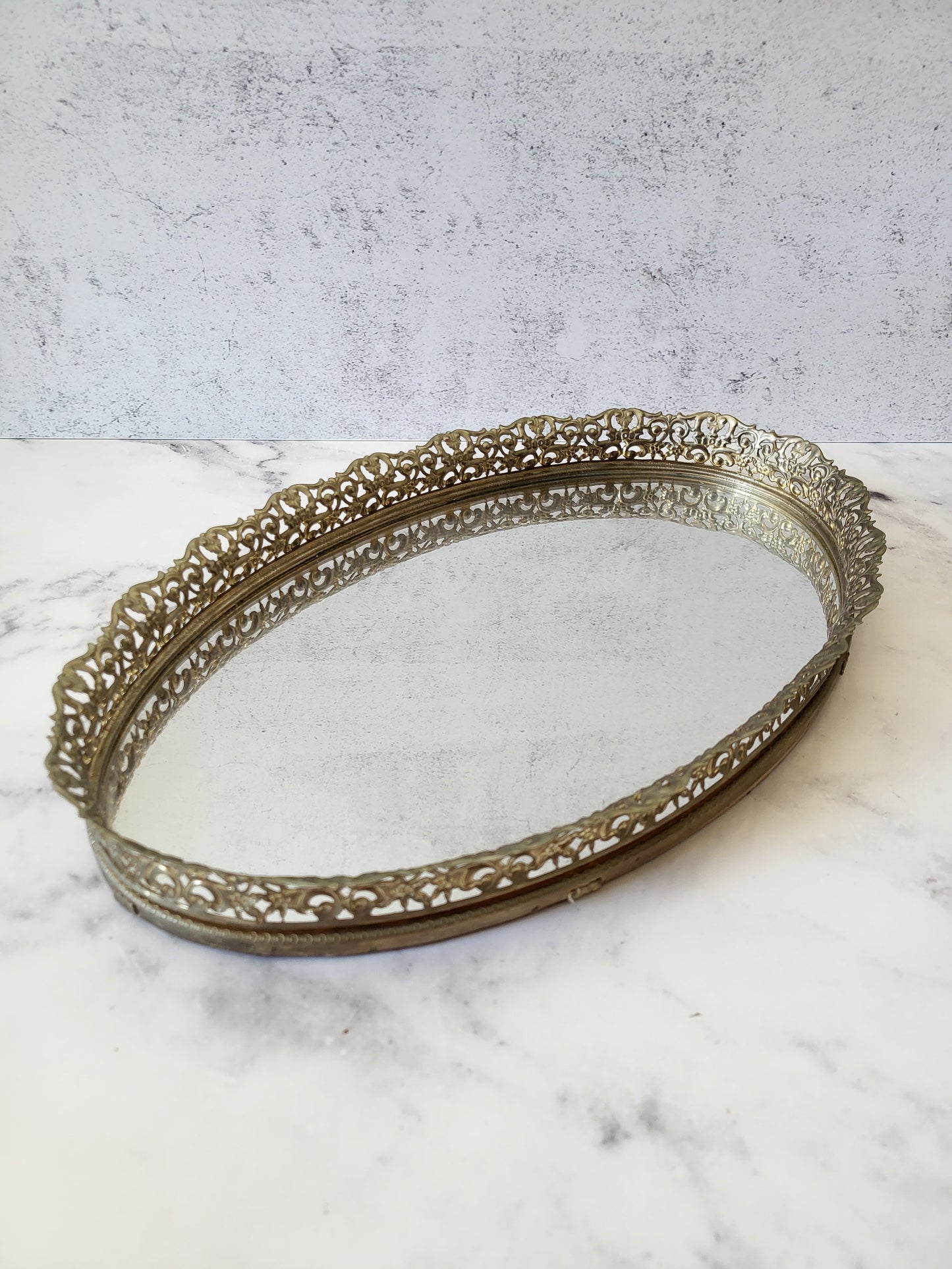 Vintage Oval Filigree Mirrored Vanity and Perfume Tray