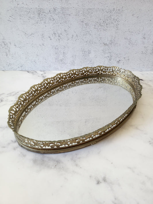 Vintage Oval Filigree Mirrored Vanity and Perfume Tray