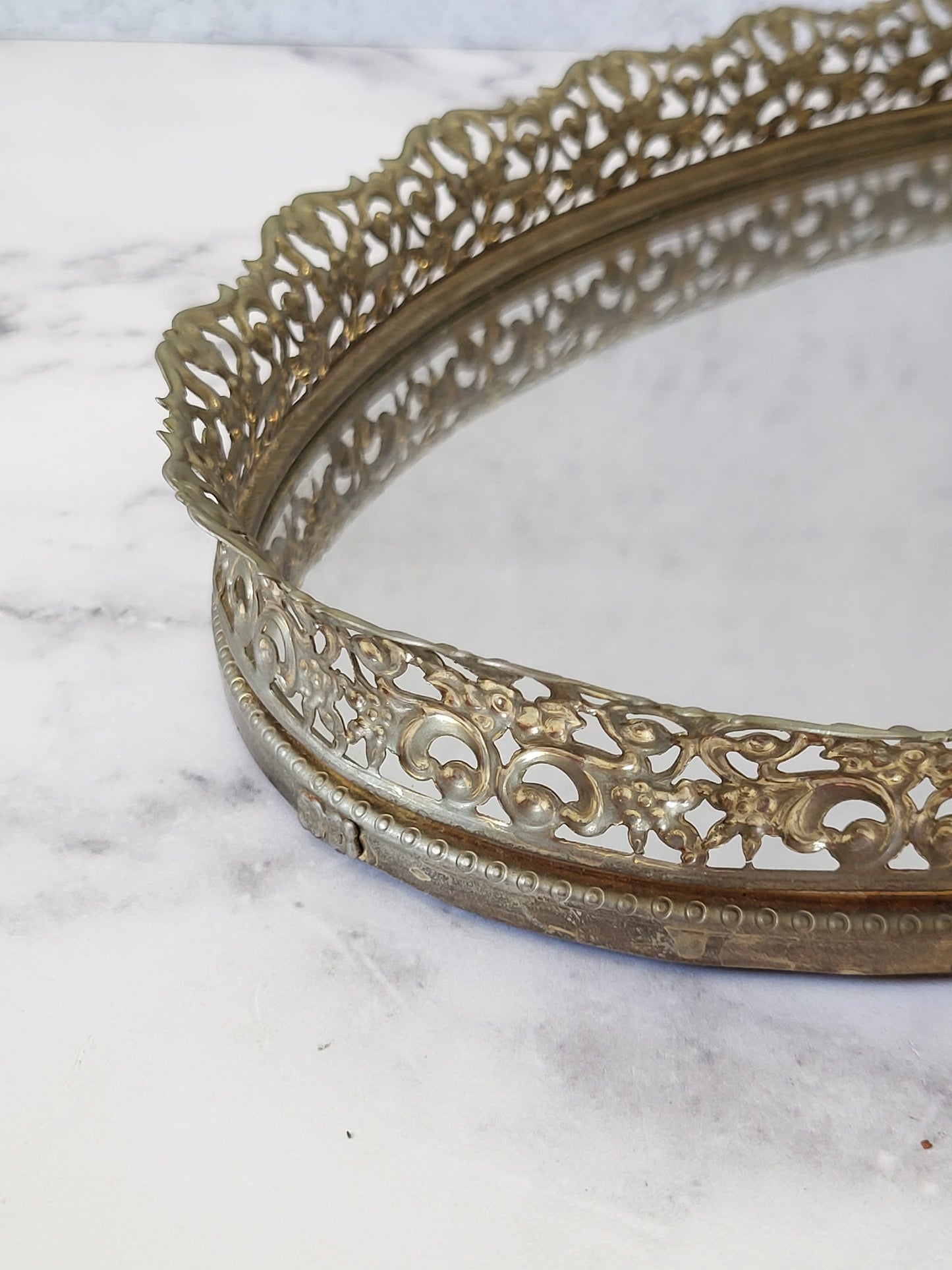Vintage Oval Filigree Mirrored Vanity and Perfume Tray