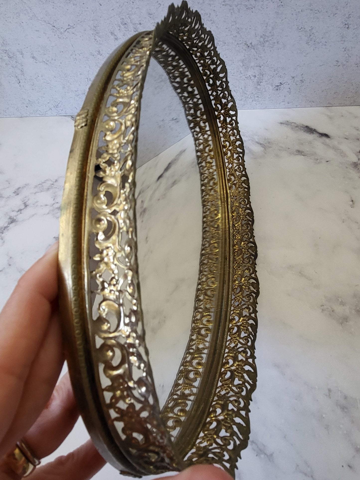 Vintage Oval Filigree Mirrored Vanity and Perfume Tray