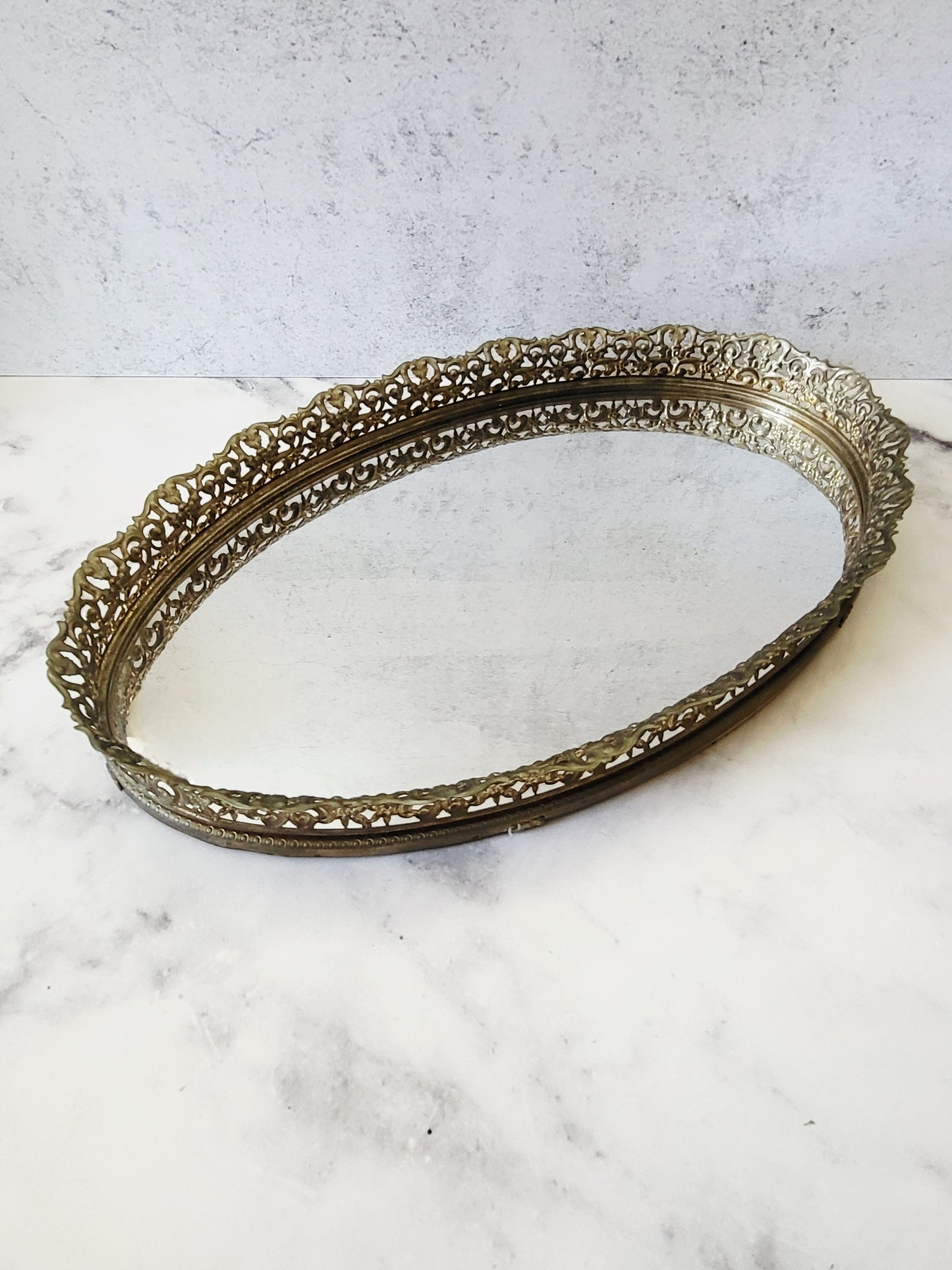 Vintage Oval Filigree Mirrored Vanity and Perfume Tray