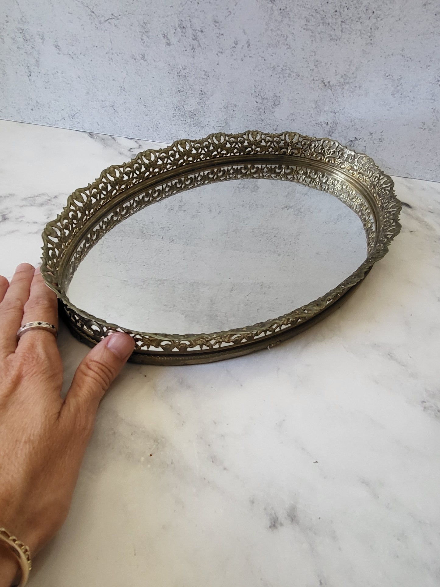 Vintage Oval Filigree Mirrored Vanity and Perfume Tray