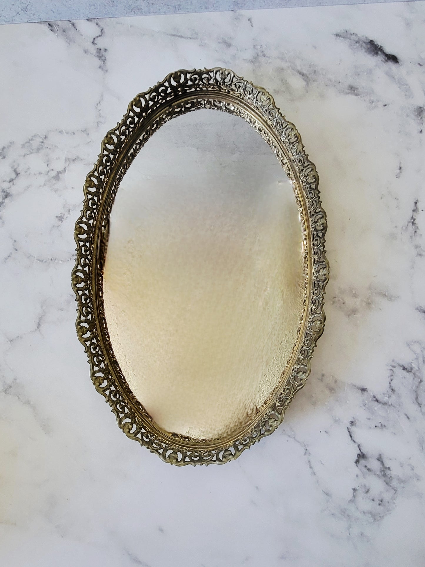 Vintage Oval Filigree Mirrored Vanity and Perfume Tray