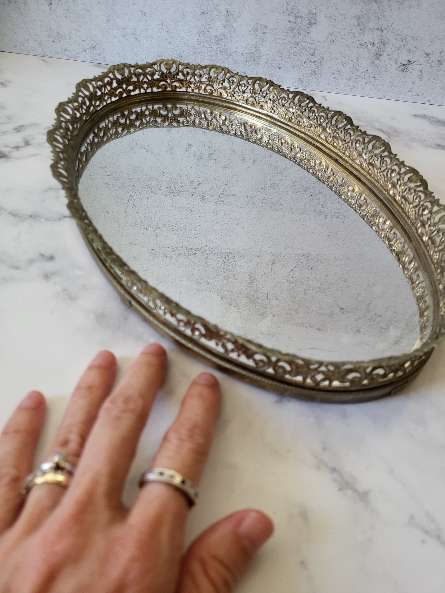 Vintage Oval Filigree Mirrored Vanity and Perfume Tray