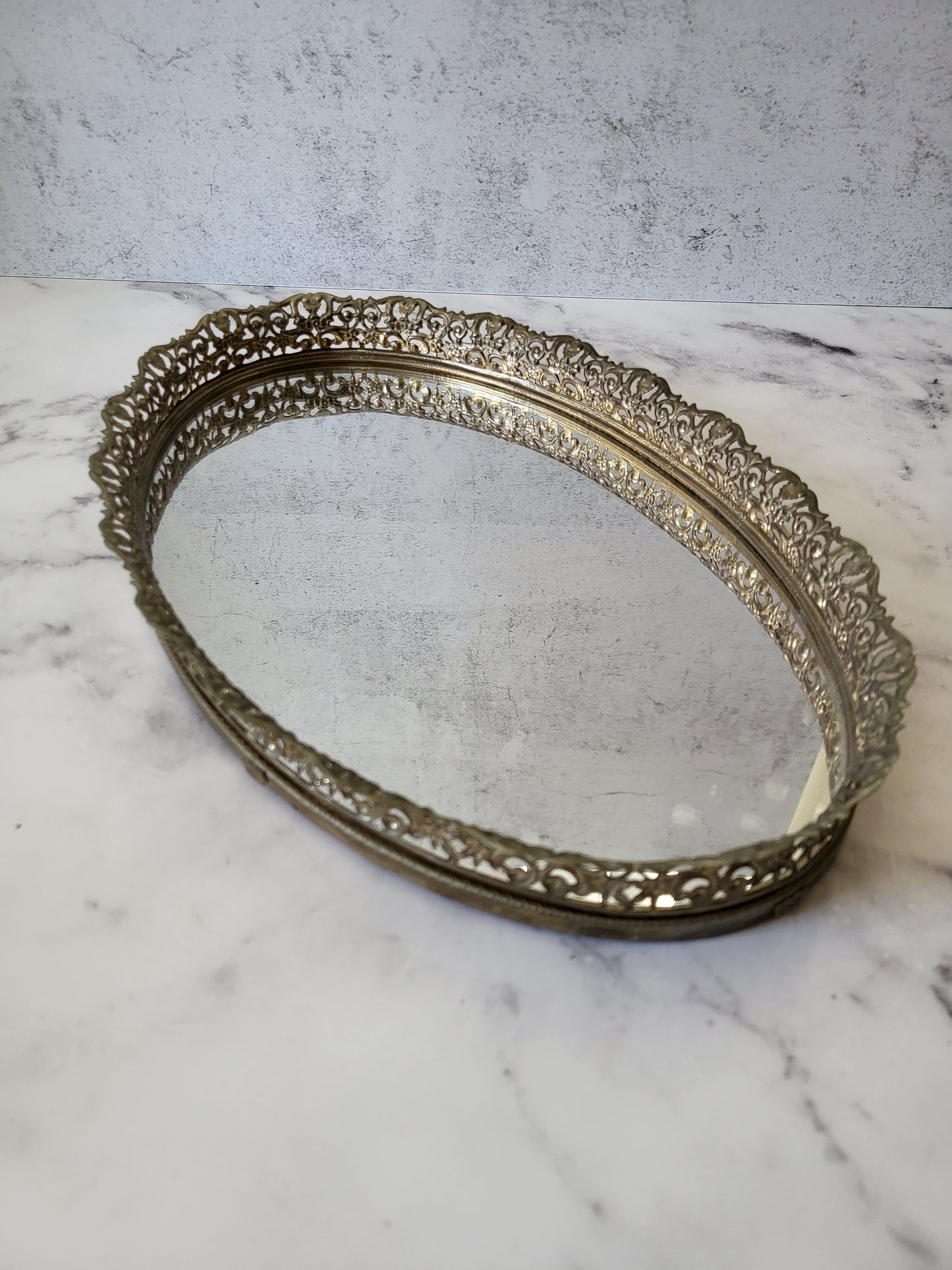 Vintage Oval Filigree Mirrored Vanity and Perfume Tray