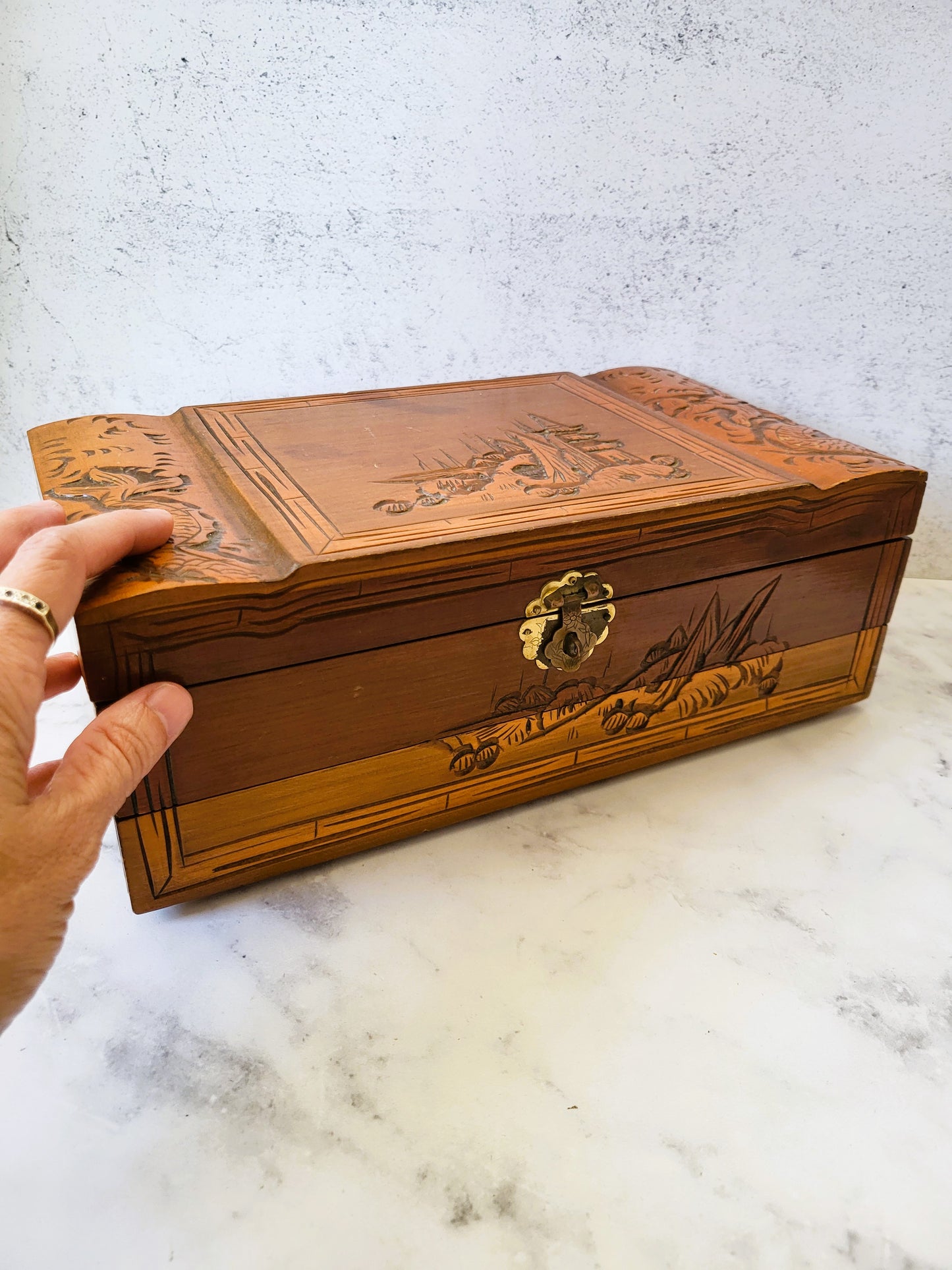 Vintage Hand Carved Asian Wood Jewelry Box