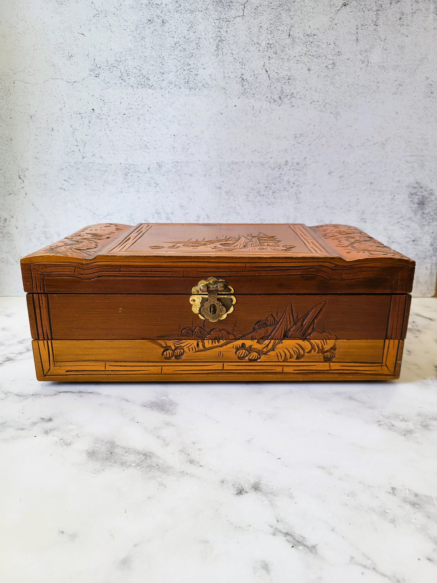 Vintage Hand Carved Asian Wood Jewelry Box