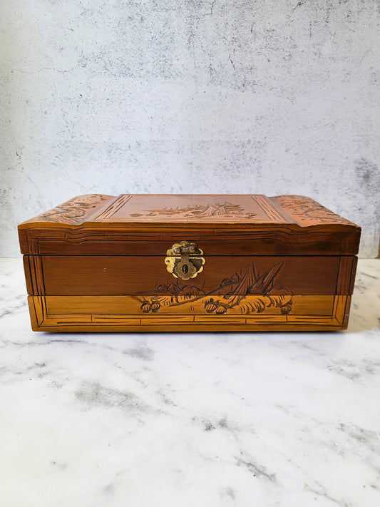 Vintage Hand Carved Asian Wood Jewelry Box