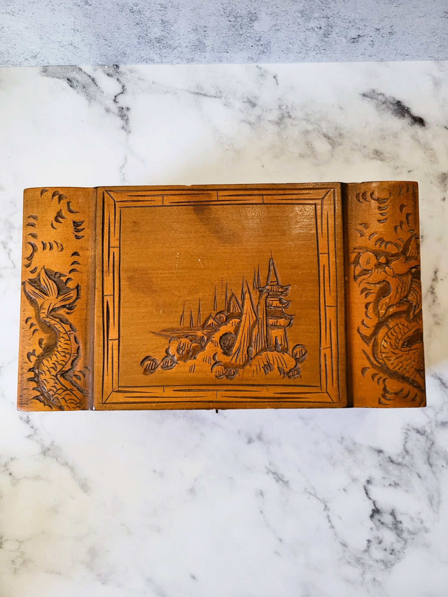 Vintage Hand Carved Asian Wood Jewelry Box
