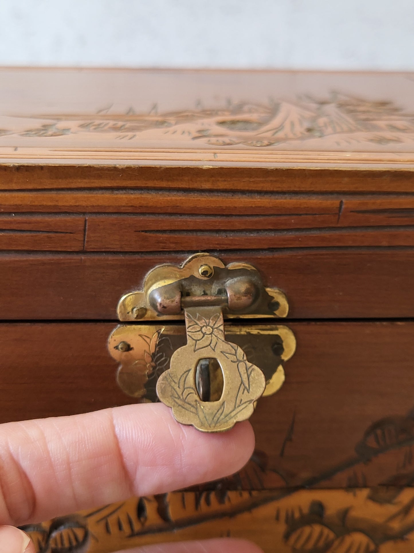 Vintage Hand Carved Asian Wood Jewelry Box
