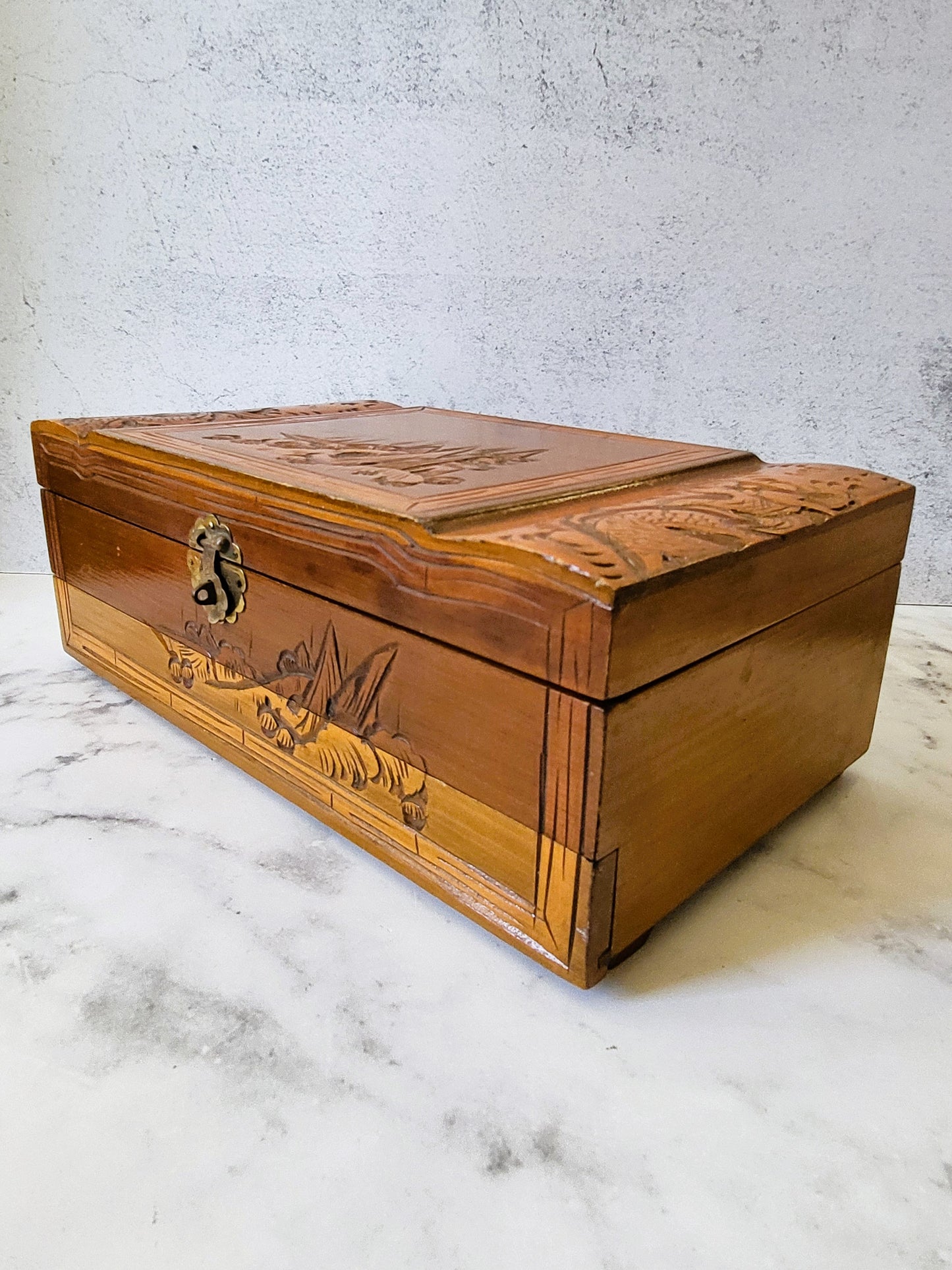 Vintage Hand Carved Asian Wood Jewelry Box