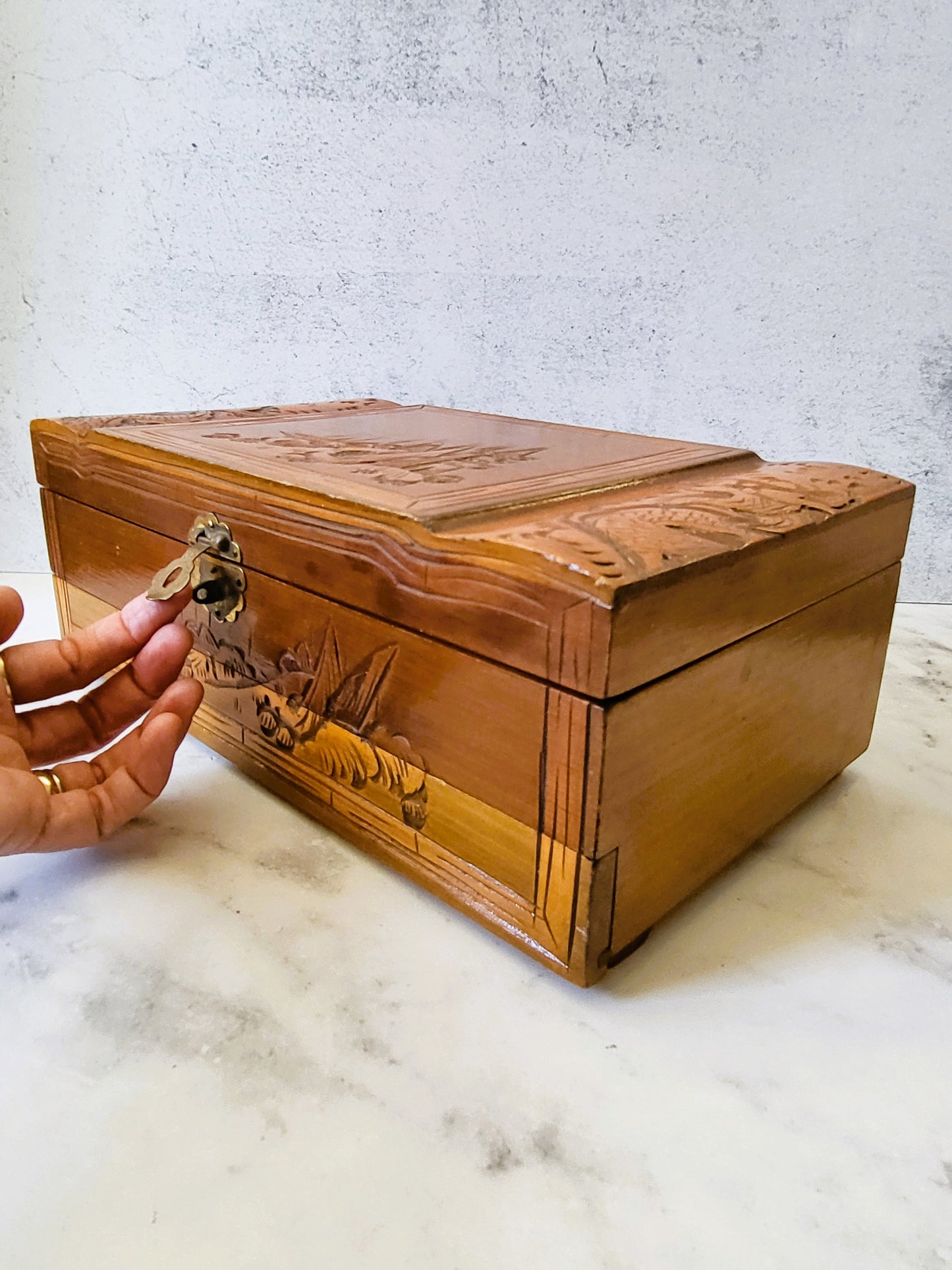 Vintage Hand Carved Asian Wood Jewelry Box