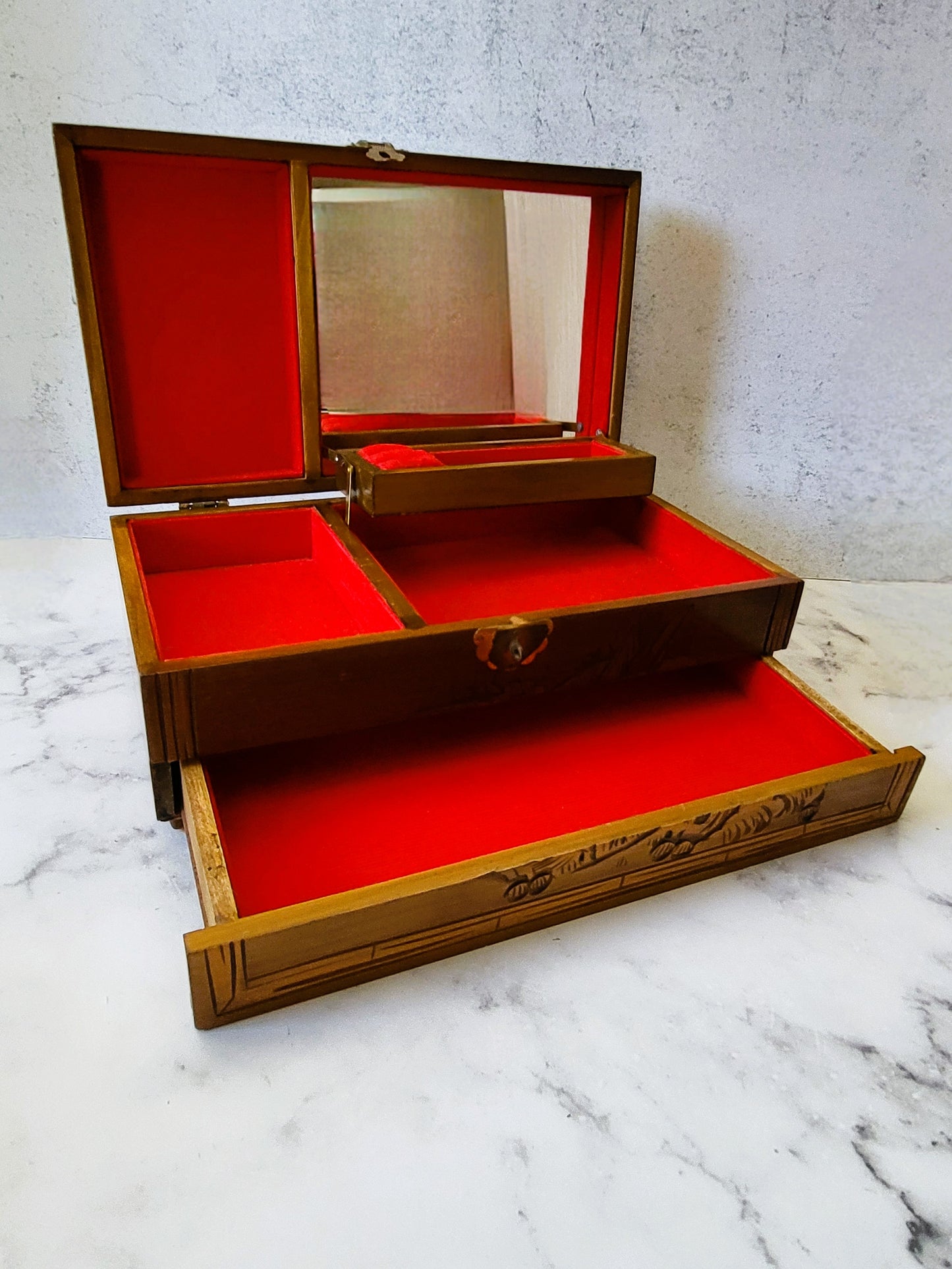Vintage Hand Carved Asian Wood Jewelry Box