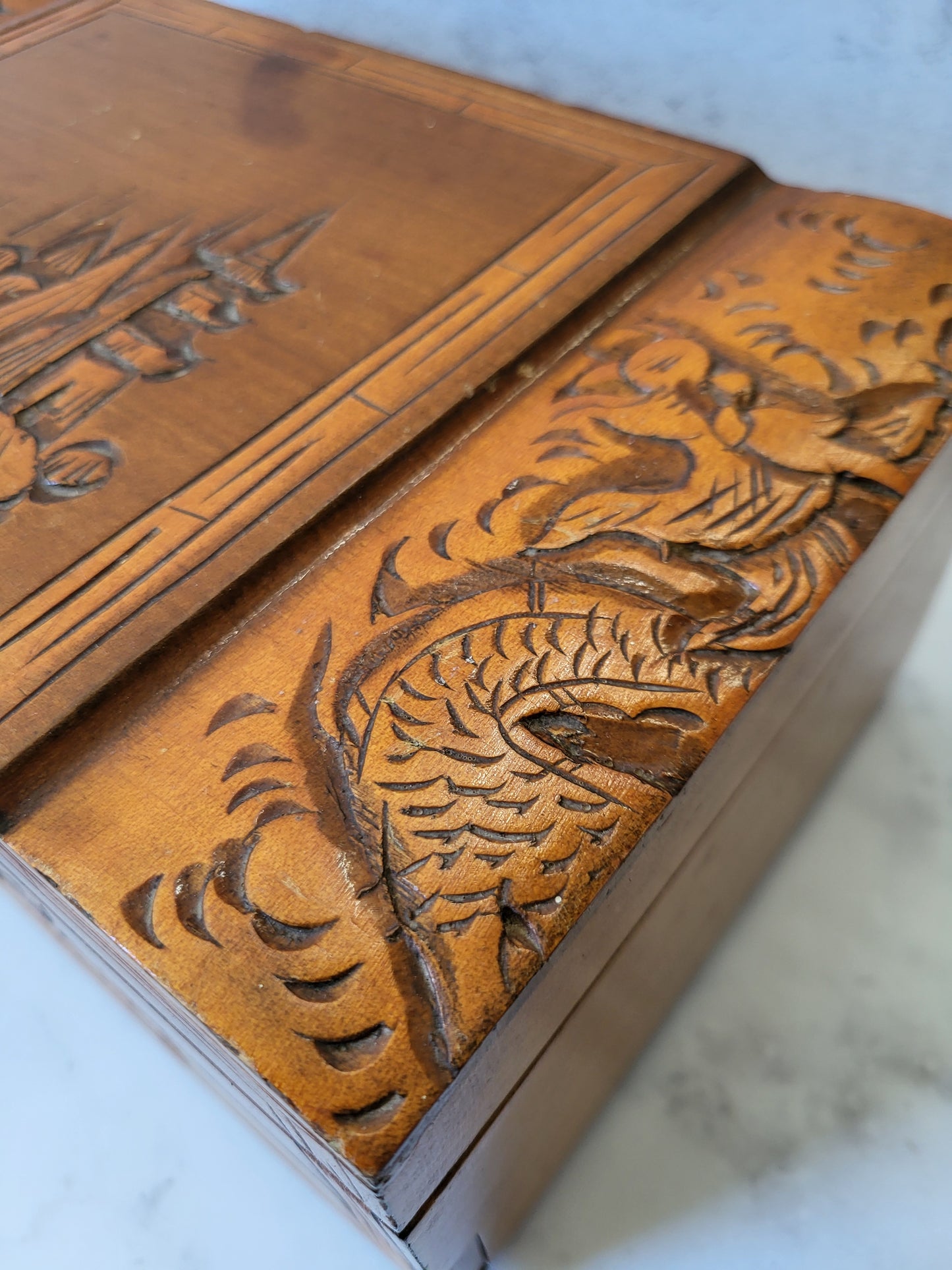 Vintage Hand Carved Asian Wood Jewelry Box