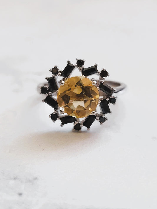 Citrine & Black Spinel Sterling Silver Starburst Ring