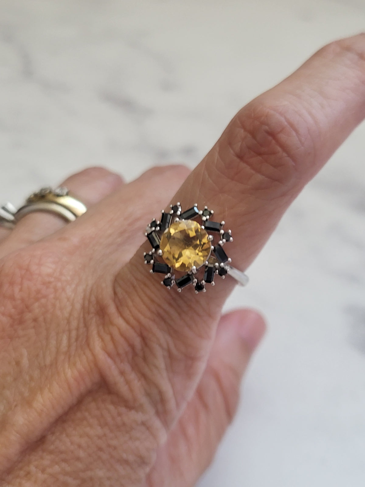 Citrine & Black Spinel Sterling Silver Starburst Ring
