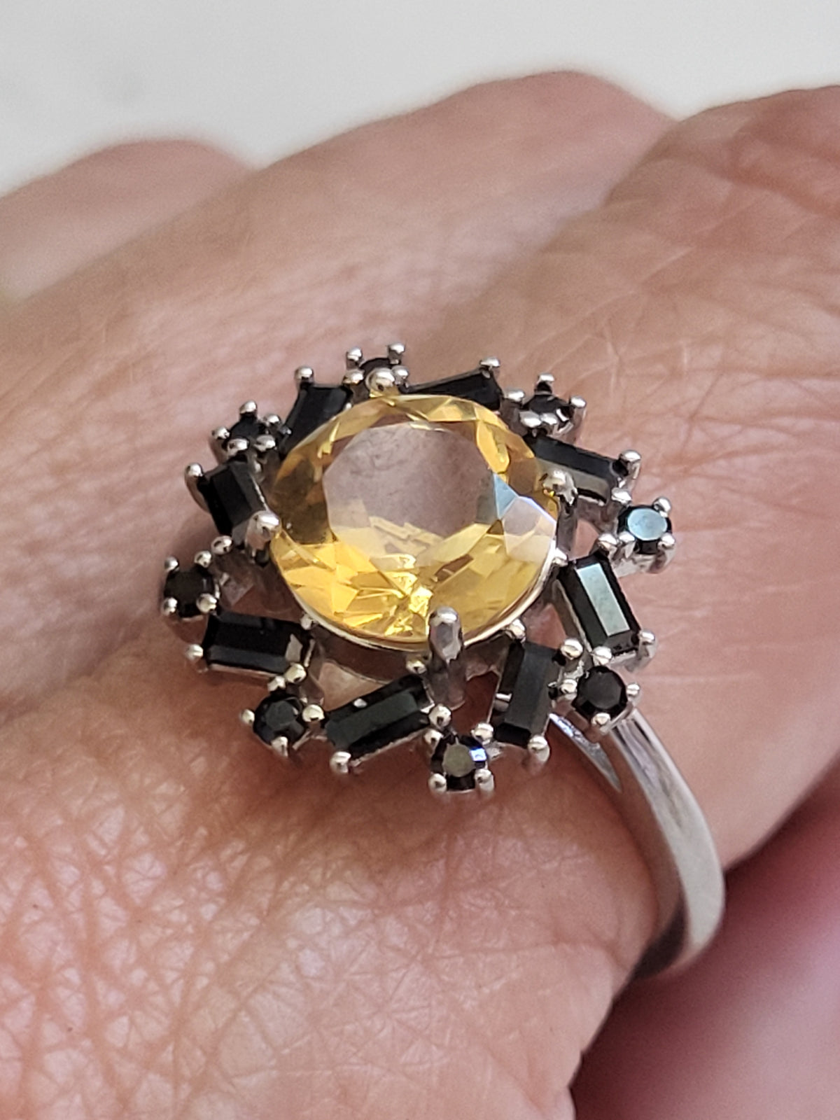 Citrine & Black Spinel Sterling Silver Starburst Ring