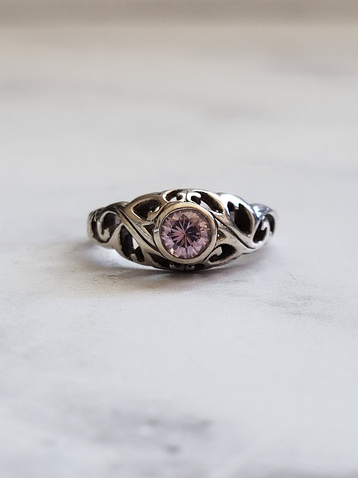 Sterling Silver Pink CZ Heart Filigree Ring