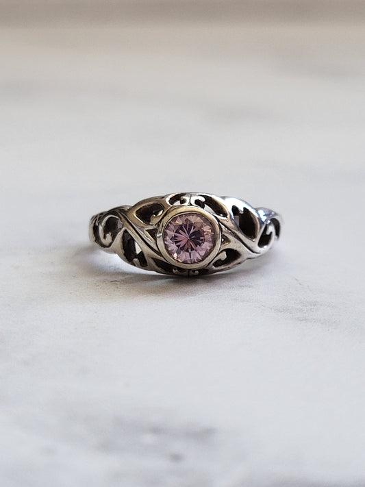 Sterling Silver Pink CZ Heart Filigree Ring