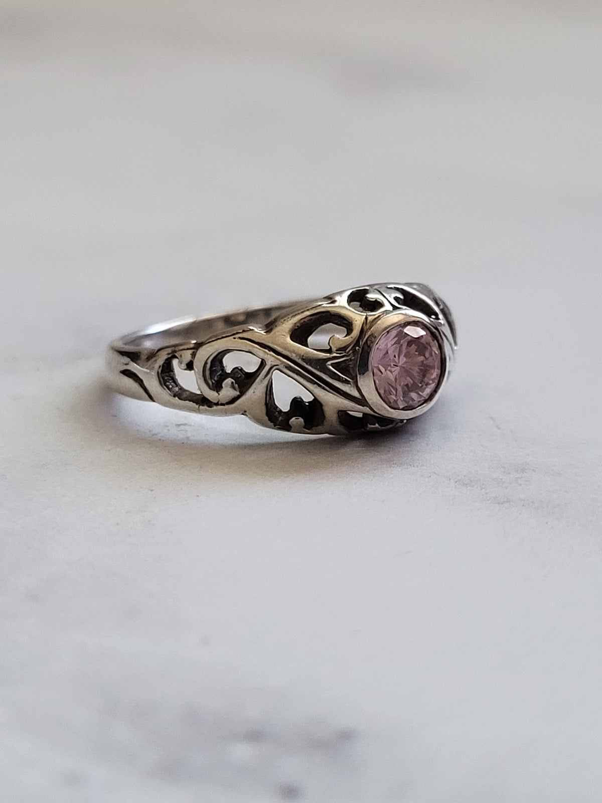 Sterling Silver Pink CZ Heart Filigree Ring