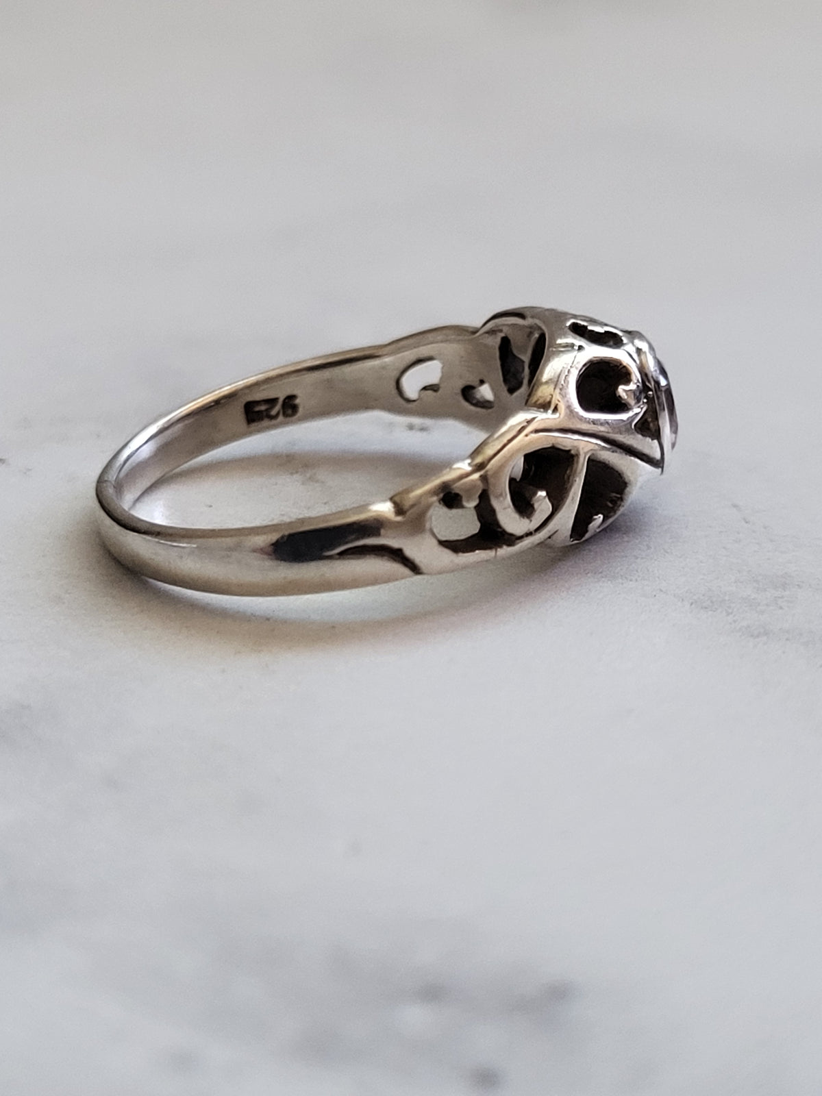 Sterling Silver Pink CZ Heart Filigree Ring