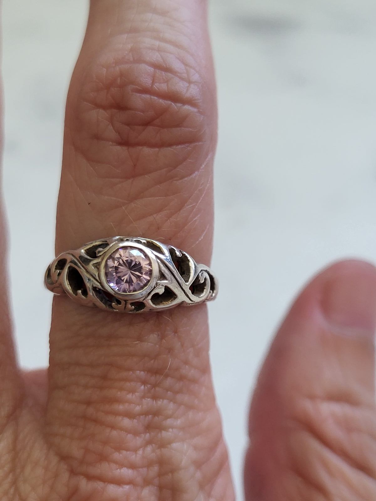 Sterling Silver Pink CZ Heart Filigree Ring