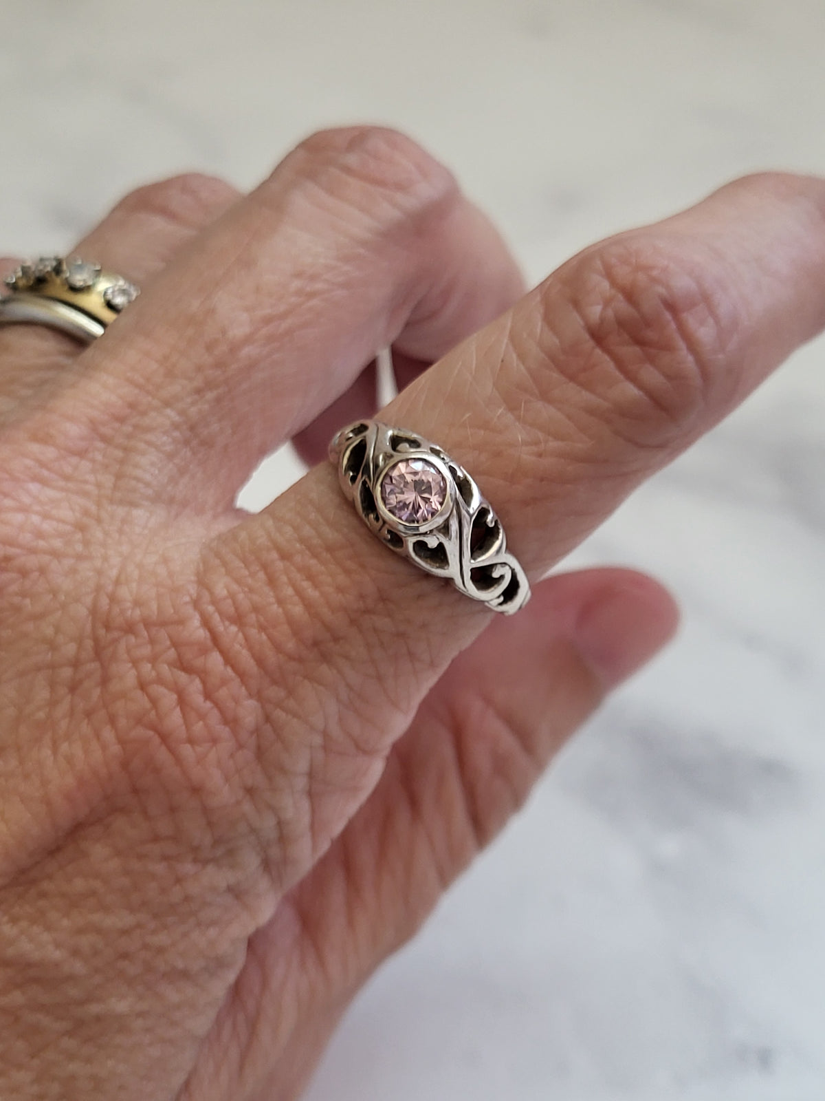 Sterling Silver Pink CZ Heart Filigree Ring