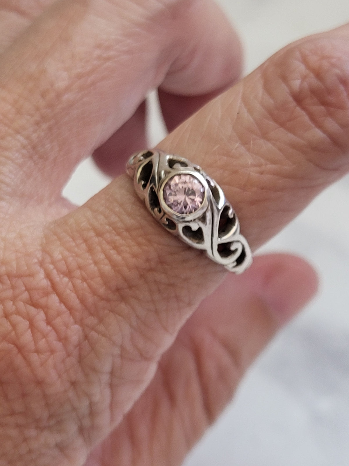 Sterling Silver Pink CZ Heart Filigree Ring