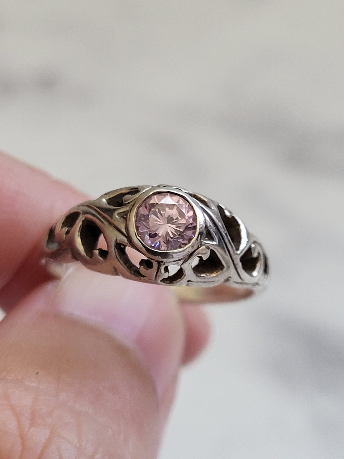 Sterling Silver Pink CZ Heart Filigree Ring