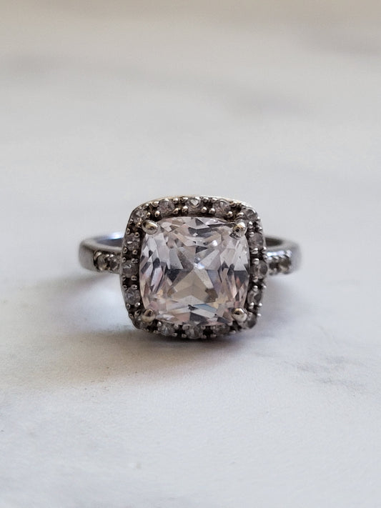 Sterling Silver Cushion Cut Halo Statement Ring