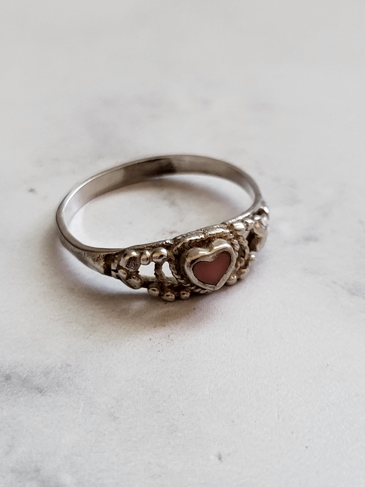 Vintage 925 Sterling Silver Pink Heart Filigree Ring