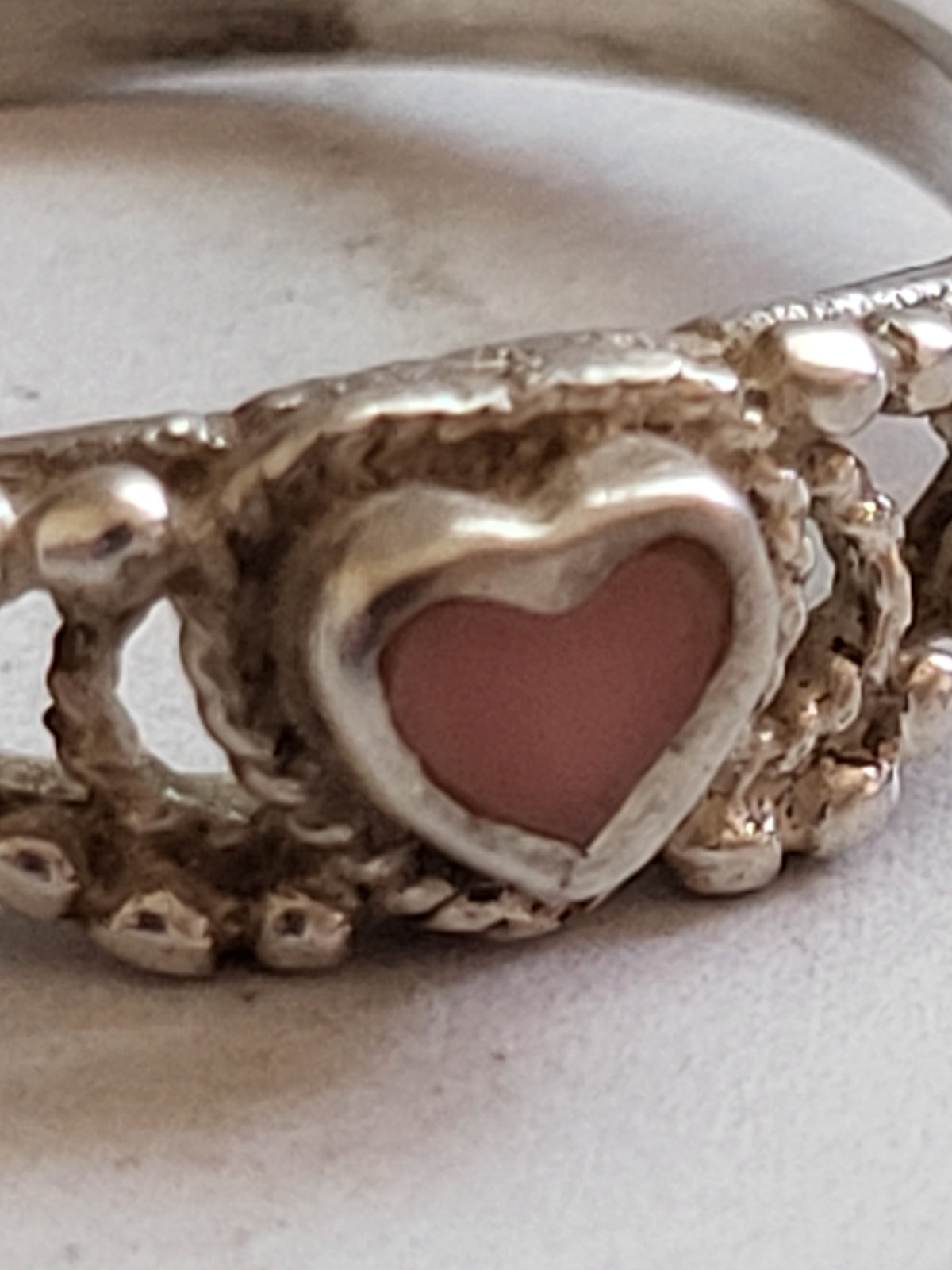 Vintage 925 Sterling Silver Pink Heart Filigree Ring