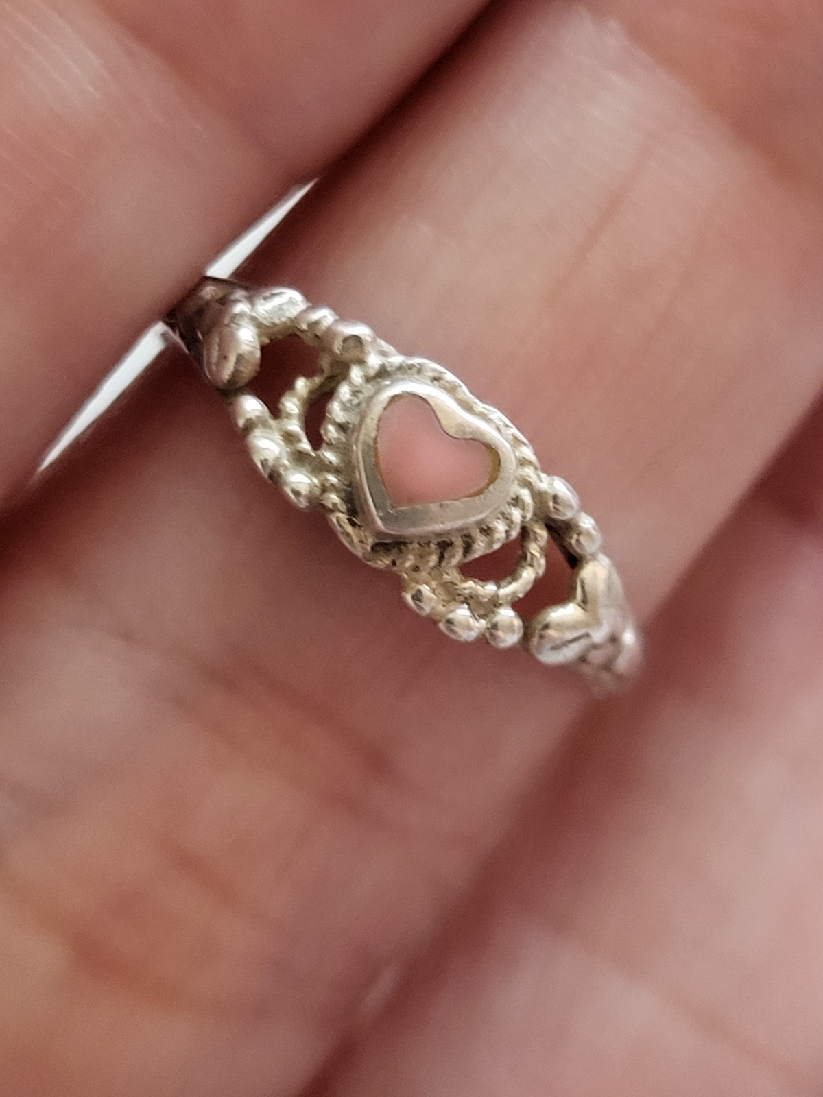 Vintage 925 Sterling Silver Pink Heart Filigree Ring