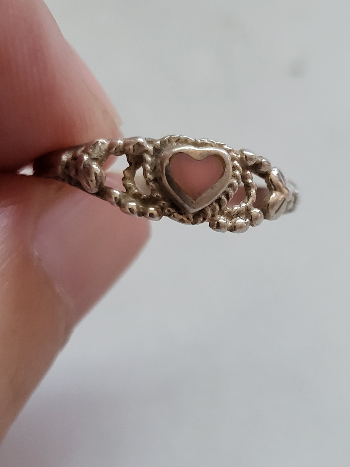 Vintage 925 Sterling Silver Pink Heart Filigree Ring