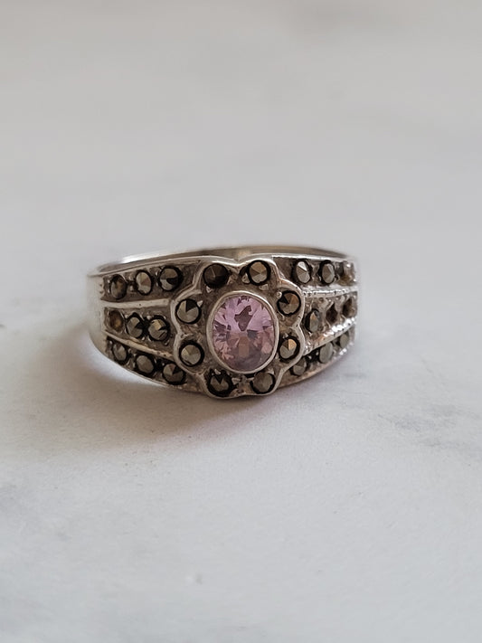 Sterling Silver Pink Stone & Marcasite Wide Band Ring