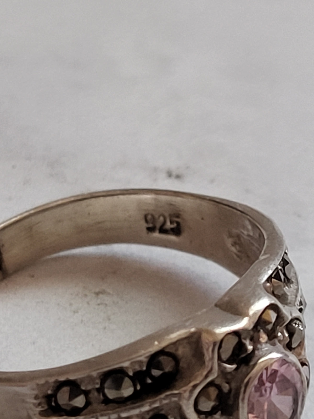 Sterling Silver Pink Stone & Marcasite Wide Band Ring