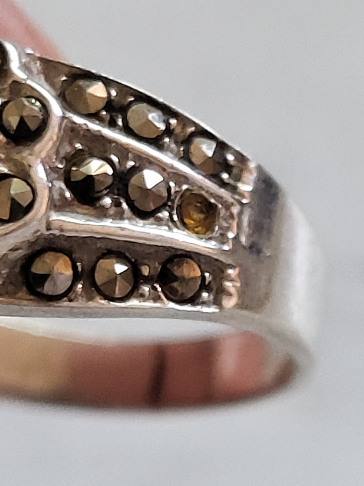 Sterling Silver Pink Stone & Marcasite Wide Band Ring