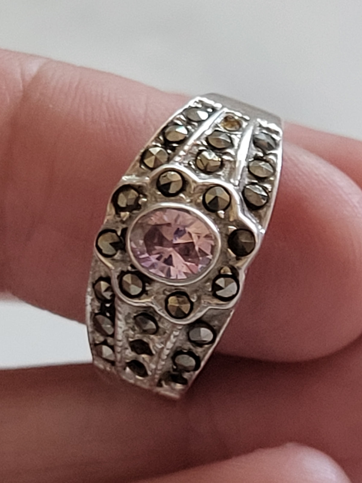 Sterling Silver Pink Stone & Marcasite Wide Band Ring