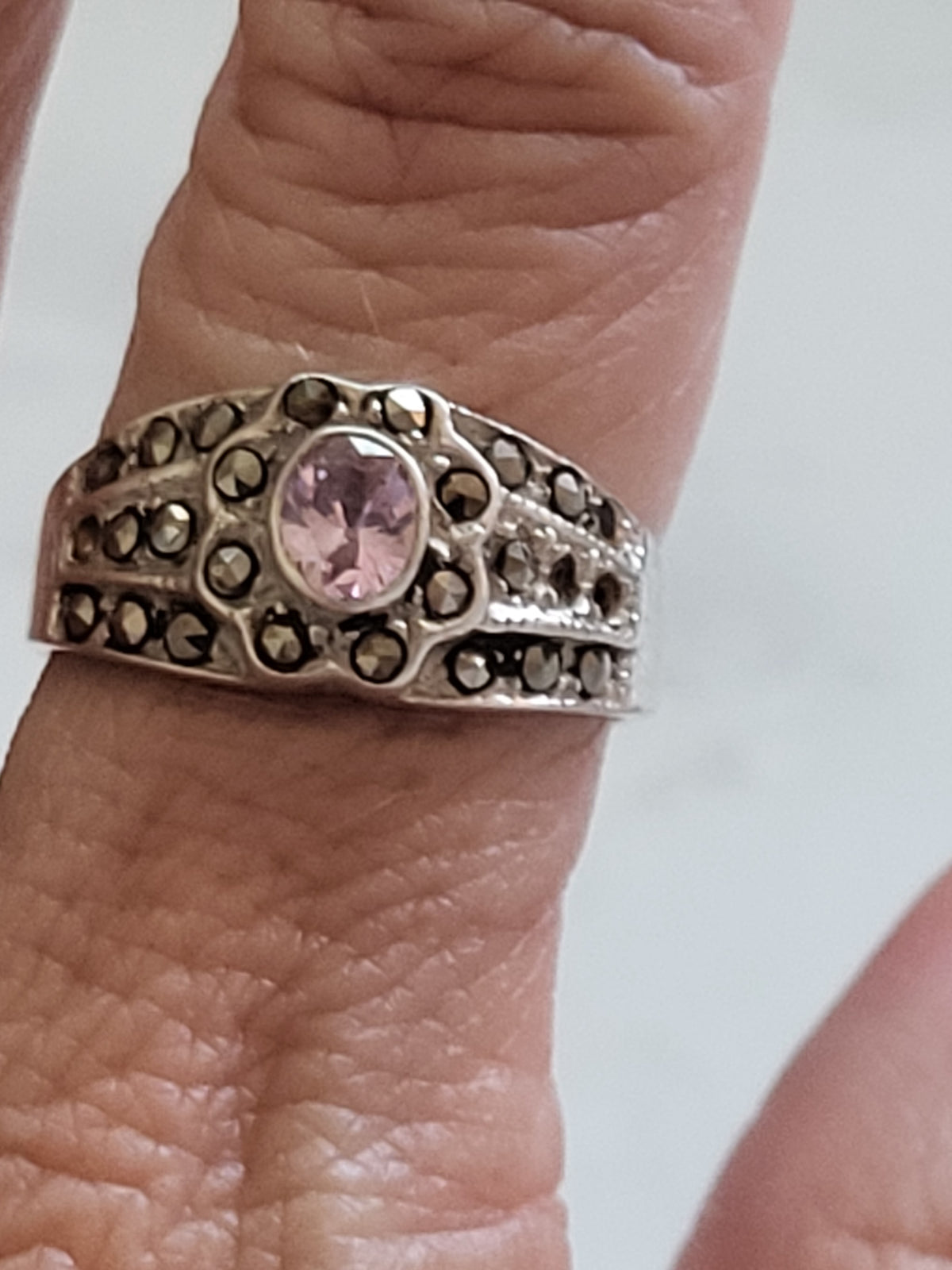 Sterling Silver Pink Stone & Marcasite Wide Band Ring